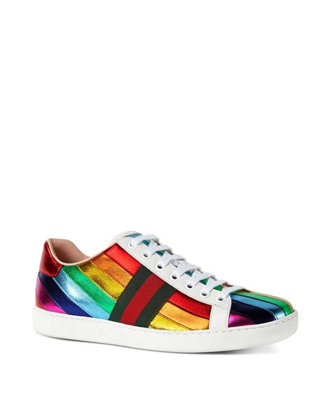 gucci metallic rainbow stripe lace up sneakers|Gucci rhyton strawberry sneakers.